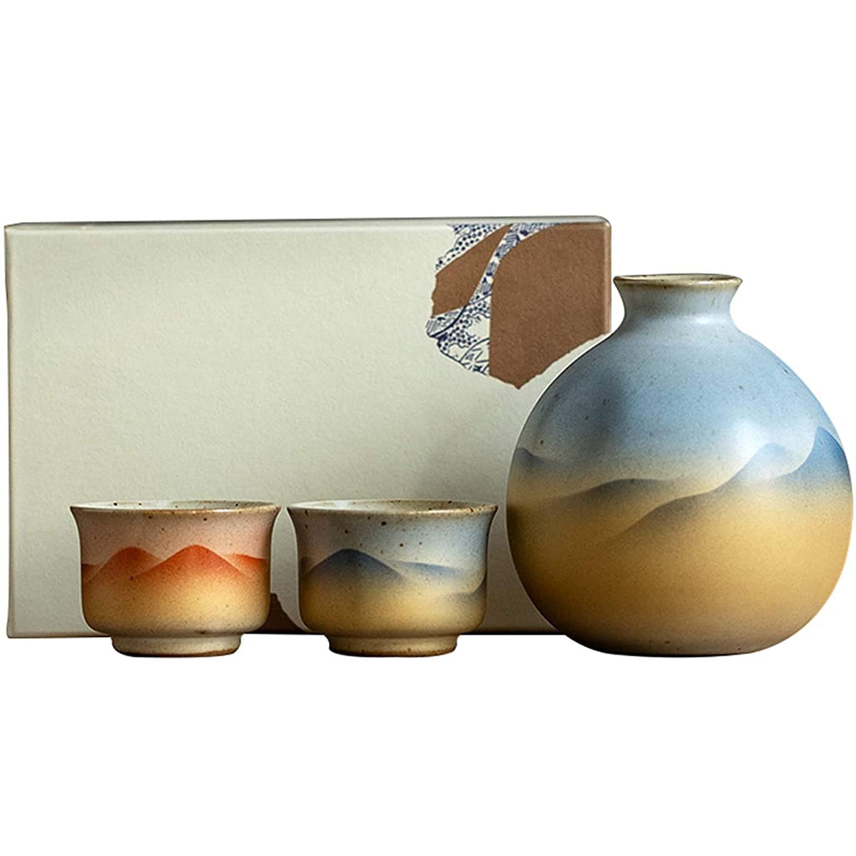 Juego de sake de cerámica artesanal SXRC con 1 botella y 2 tazas de diseño tradicional japonés