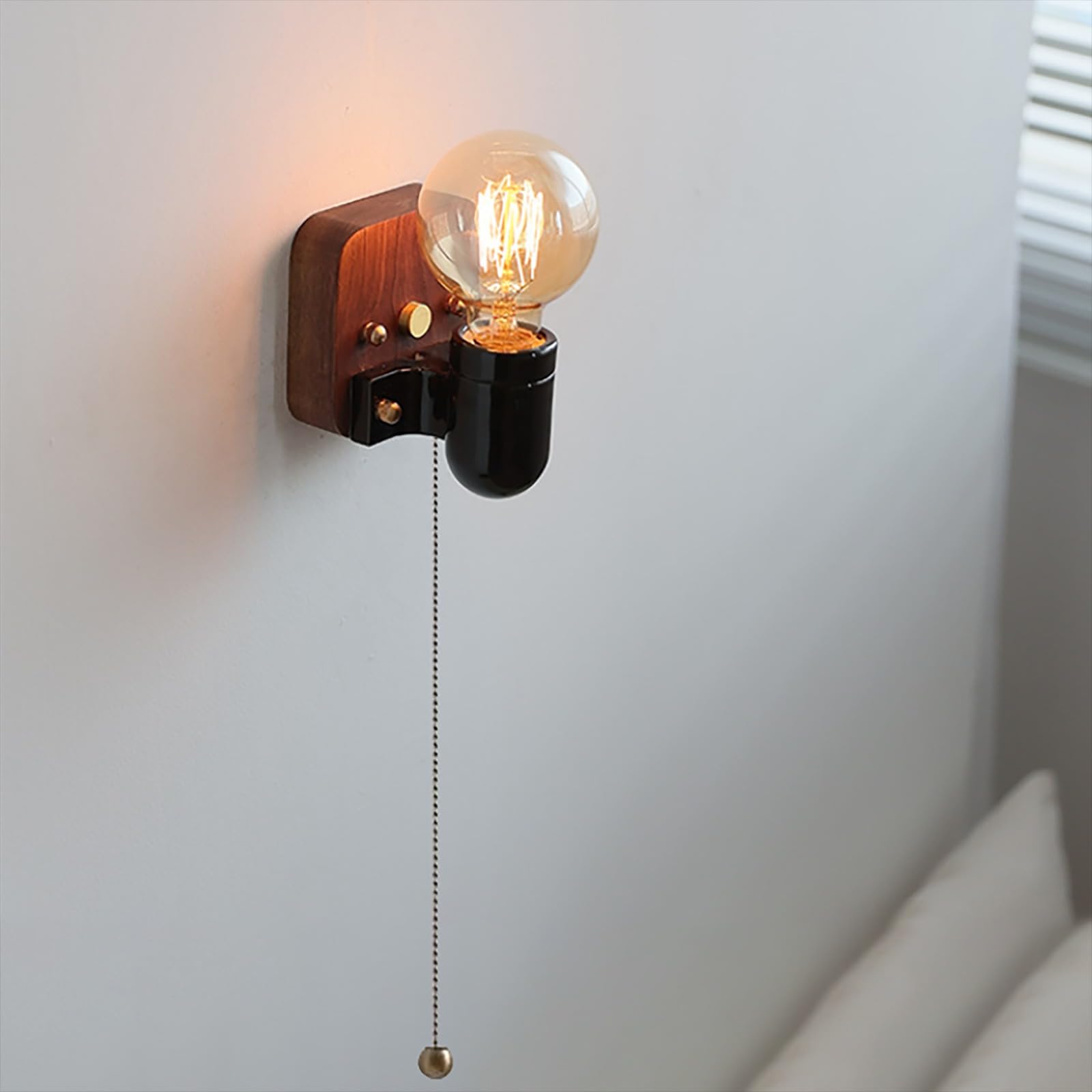 HYJAUSXB Wooden Small Wall Light Walnut Finish Retro Decor Sconces Lighting | Bedside Lamp with Pull Switch, E27 Ceramic Socket Mount Lights for Bedroom Hallway Foyer Study (Black)