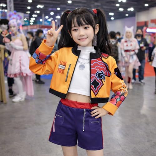 Image of Wanna Party Korean Pop Band Theme Rumi Costume for Girls Size L | Yellow Orange & Navy Idol Outfit Set with Jacket & Shorts | Kids Pop Star Fancy Dress for Dance, Stage, Halloween & Theme Parties