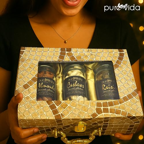 Image of Purevida Premium Dry Fruits Gift Box | Festive Pack of 6 Jars (Almonds, Cashews, Raisins) | 100% Natural, No Preservatives | Luxury Christmas & New Year Hamper | Corporate & Festive Gifting (300g)
