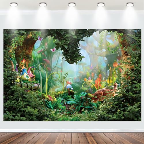Fabric 10x7ft Fairy Wonderland Backdrop Heart Shape Mushroom Enchanted Spring Forest Photography Background Kids Girl Baby Shower Birthday Party Decoration Photo Banner Booth Props