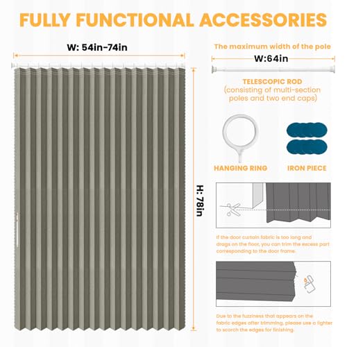 Image of AJAZZ 100% Blackout Accordion Door Curtain Invisible Accordion Doors Interior for Bedroom Living Room Doorway Curtain Sets (1 Pack, 74 W x 78 L, Grey+Rod)