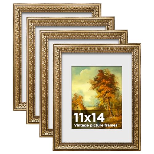Image of 11x14 Vintage Picture Frames,Antique Frames with White Mat for 8x10 Picture,Gold Frames for Wall Decor,4 Pack Ornate Picture Frames,Gold