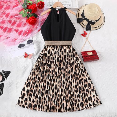 Girls' Leopard Print Sleeveless Dress Sleeveless Hanging Neck Dress with Belt Decoration 8-12 Years3