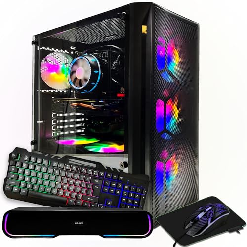 VRA Gaming Tower Desktop Bundle PC - Intel i7 up to 4.0GHz CPU, 16GB RAM, 512GB SSD, AMD Radeon RX580 8GB GPU, RGB Fans, Keyboard & Mouse & Mouse Pad, RGB Bluetooth Sound Bar, Win 11