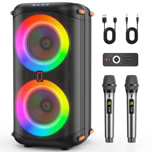 Karaoke Machine with 2 Wireless Microphones, Portable Bluetooth Karaoke Speaker for Adults, Big Party PA System with Dicso Lights & Dual 6.5 Stage Subwoofers for Home Outdoor (300W)