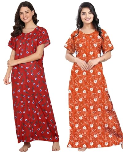 Image of Women Cotton Nighty Combo Pack of 2, Printed Maxi Nighty Gown, Short Sleeve Cotton Nightdress, Soft Breathable Ankle Length Sleepwear Nightwear for Ladies, Free Size