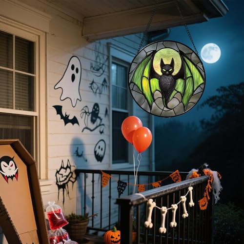 Image of Stained Glass Window Hanging - Halloween Black Bat Green Wings Monster Suncatcher for Doors Garden Home Spooky Sun Catchers Gothic Decor Horror Gift for Women Men Friend Boy Girl 6.3 in