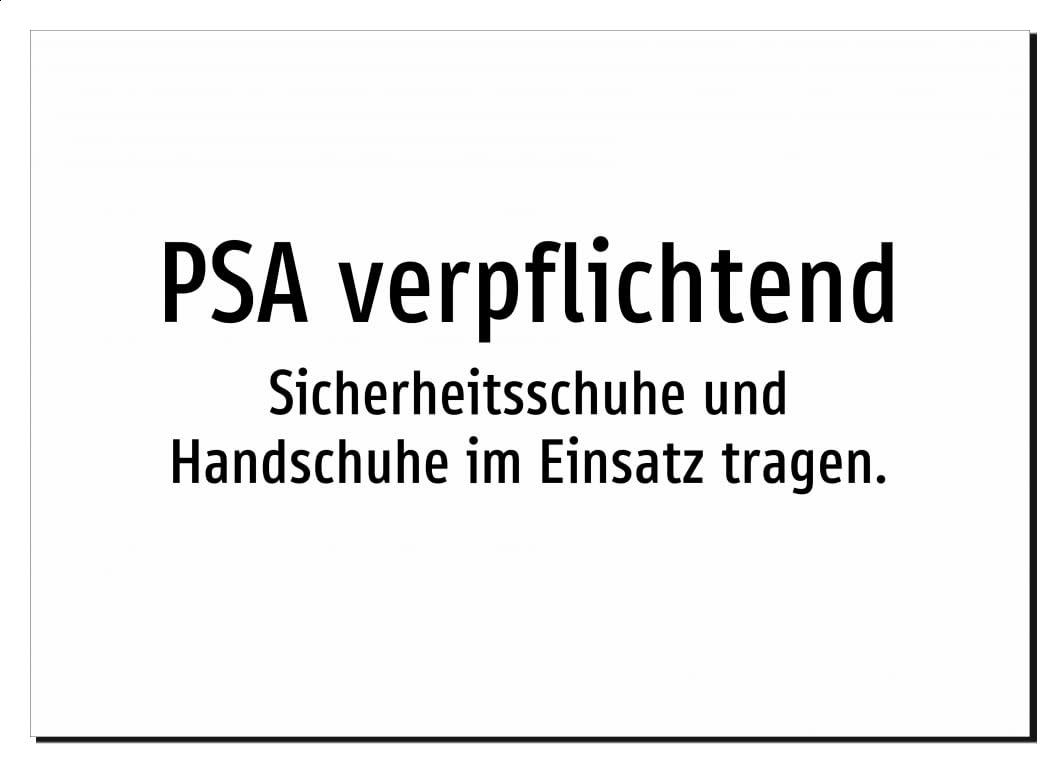 PSA verpflichtend - Sicherheitsschuhe und Handschuhe im Einsatz tragen. – Aufkleber A2: 594x420mm – Ohne Grafik, nur Text