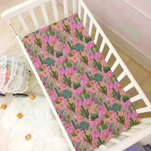 Image of Crib Sheet Breathable Soft Crib Mattress Sheet for Baby Toddler Boys Girls Fitted Crib Sheet Fit Standard Crib Mattress 39 x 27 Inch Cacti Succulents and Bright Pink Flowers