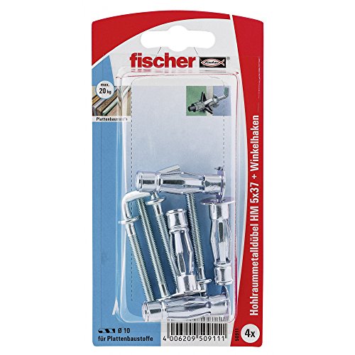 Fischer Hohlraum-Metalldübel HM 5 x 37 HK SB-Karte, 4 x Winkelhaken mit Bund M 5 x 60, 050911