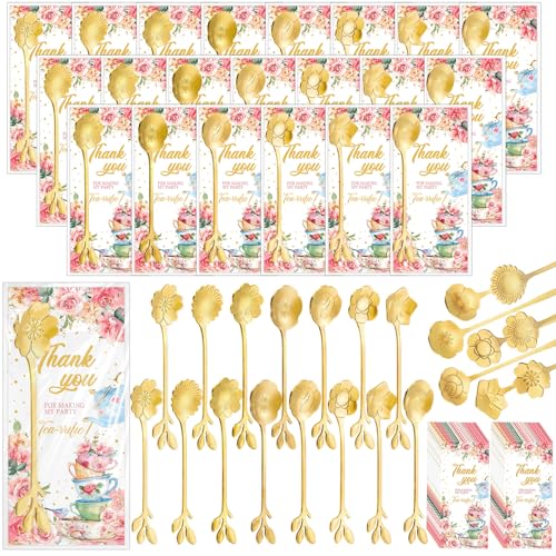 Yiyiring 48 Set Tea Spoon Party Favors Gold Tea Spoons Bulk 8 Style Flower Teaspoon with Thank You Cards Gift Bags Stainless Steel Dessert Coffee Spoons Stir Bar for Bridal Shower Guest Souvenir Gift