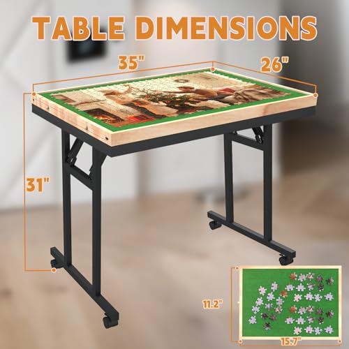 Image of Doerpuz Puzzle Table with Folding Legs, 1500 Pieces Puzzle Table for Adults with Drawers, Cover, Wheels, 5 Adjustable Up Angles Wooden Jigsaw Puzzle Board for All Ages