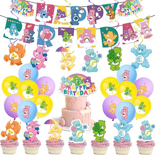 50pcs Cute Bears Party Decorations Pack - Birthday Occasion Pink Purple Green Blue - Includes Happy Birthday Banner Cake Topper Cupcake Toppers Hanging Swirl Balloons For Boy And Girl