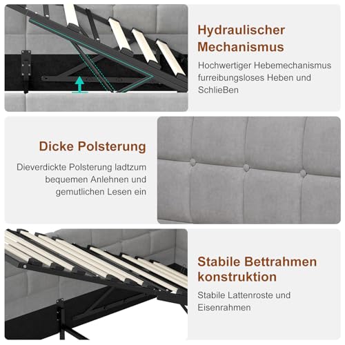 QMTXBYJ Polsterbett Kinderbett 90x200 mit LED und USB-Anschlüssen, Jugendbett 90x200 mit Hydraulischer Stauraum, Schlafsofa Einzelbett Daybett Tagesbett Gästebett Bettgestell mit Lattenrost,Samt – Bild 8