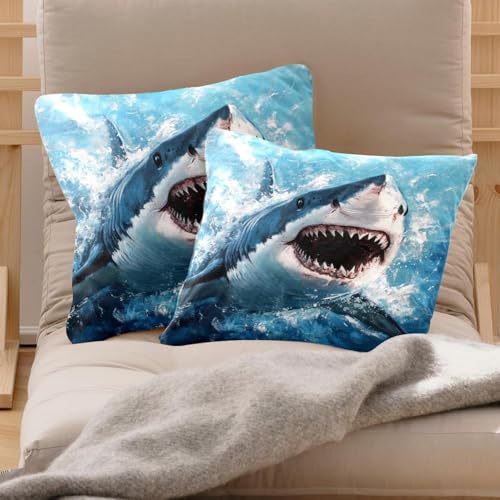 Fundas de cojín de terciopelo tiburón gigante de boca grande en pack de 2 unidades de 50x50 cm 3