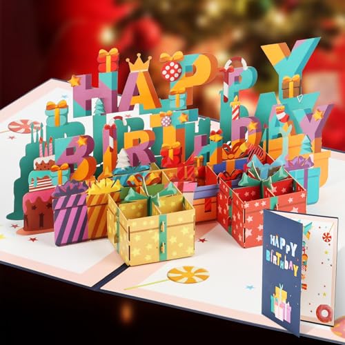 AOOTE Tarjeta Felicitacion Cumpleaños 3D, Pop up Tarjetas Cumpleaños con Sobre, Tarjeta Cumpleaños 3D con Happy Birthday Caja, Tarjetas de Feliz Cumpleaños para Familiares, Amigos, Amantes