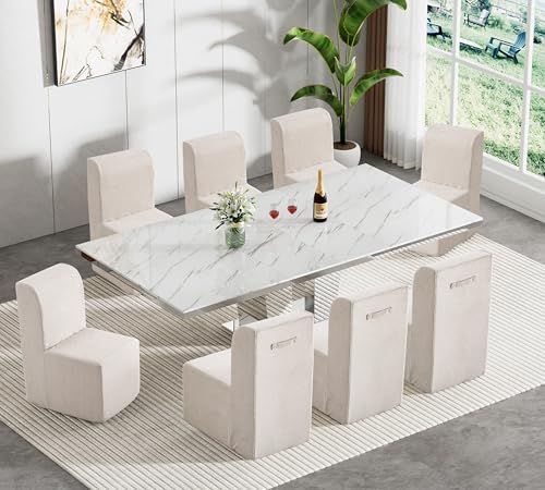 Image of 9-Piece Extendable Dining Table Set for 8, Modern 63 inch-94 inch White Marble Expandable Kitchen Table Set with 8 Sofa Chairs,Large Extendable Dining Room Tables with Mirrored Columnar Base