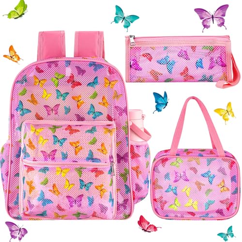 Silkfly 3 Mesh Backpack Set Semi-transparent bag for Women Heavy Duty bookbag with Pocket with Lunch Bag Pencil Case