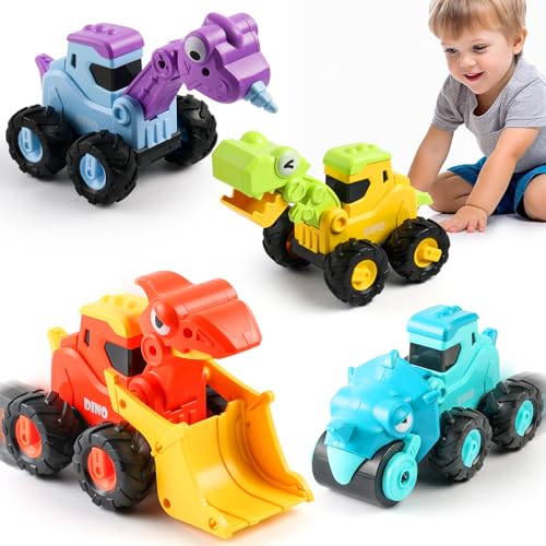 Dinosaur Push Cars for Toddlers 1-3 – 4 Pack Press & Go Dino Vehicles with T-Rex, Triceratops, Raptor & Brachiosaurus, Friction Powered Baby Car Toys for Boys Girls, Indoor Outdoor Gift for Kids 2-5