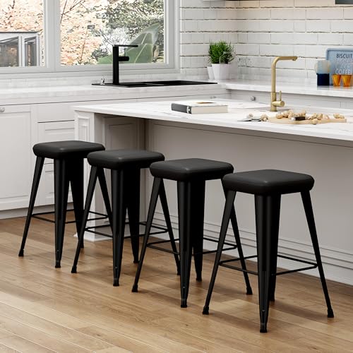 Image of Yongchuang Backless Bar Stools Set of 4, 24 inch Black PU Leather Barstools | Modern Farmhouse Upholstered Counter Height Stools with Metal Legs for Kitchen Island, Dining Room, Home Bar, Support 330 LBS