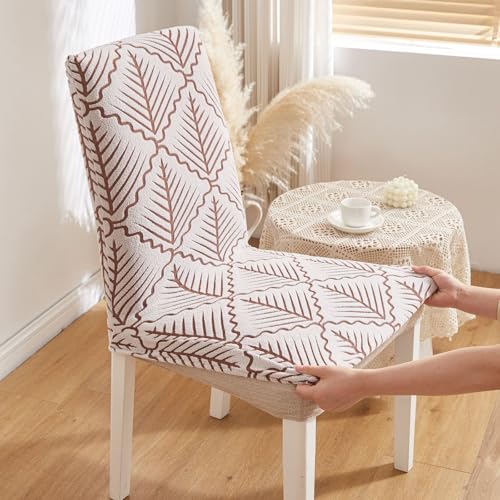 Image of HOMETHREADS Stretchable Elastic Jacquard Chair Seat Cover | Removable, Washable & Durable Chair Protector | Ideal for Dining Room, Kitchen, Restaurant & Party Chairs (Brown, Pack of 4)
