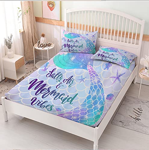 Musolei Mermaid Girl Fitted Sheet Set Twin 3D Fantasy Bedding Set 2Pcs 1 Deep Pocket Fitted Sheet With 1 Pillowcases Wrinkle Free Cozy Microfiber(05,Twin) #TOP1