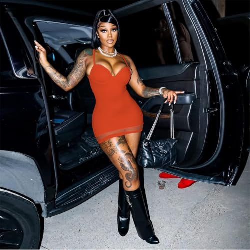 Image of Sexy Bodycon Mini Dress for Women Sweetheart Neck Spaghetti Strap Mesh Hem Party Club Night Out Short Dresses