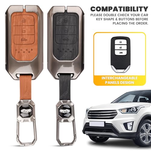 Image of Car Key Cover Compatible with Honda BRV, WRV, CRV, Jazz, City 3-Button Smart Key (Dual Leather Metal (Black & Brown))