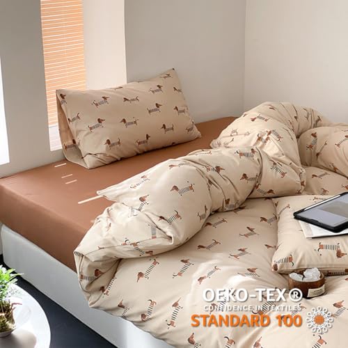 Lanqinglv Bettwäsche 135x200 Kinder Dackel Hellbraun Braun Bettwäsche Mädchen Jungen aus Microfaser,ÖKO-TEX Bettwäsche Set - Weiche Bettbezug mit Reißverschluss und 1 Kissenbezug 80x80 cm