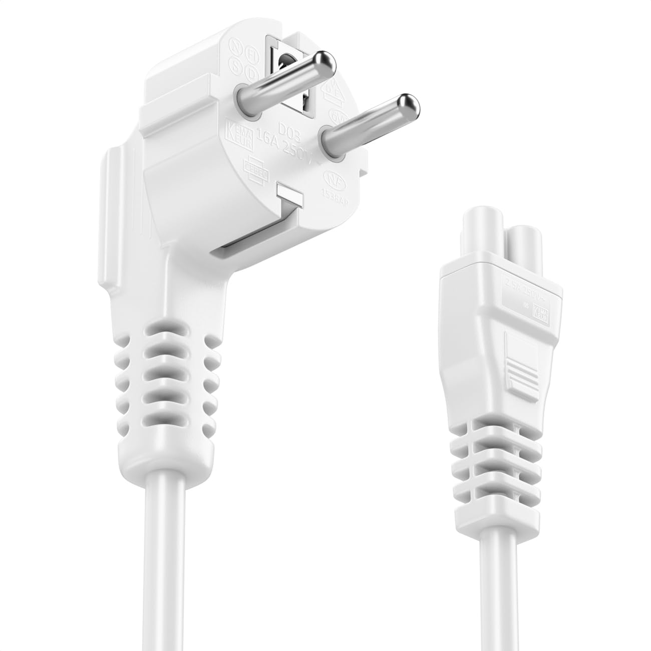 deleyCON 5m Kabel Zasilający, Wtyczka z Bolcem Typ F (CEE 7/7) 90° Kątowa na Gniazdo IEC C5 2,5A Kleeblatt, TV Monitor Ekran Laptop Notebook Zasilacz - Biały