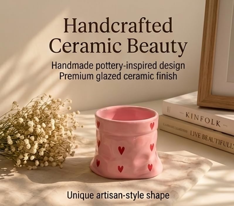 Image of Handmade Heart Print Ceramic Pouch Coffee Mug - Aesthetic Pink Tea Cup for Coffee Milk Espresso, Cute Pottery Style Designer Mug for Women Girls Home Cafe Use