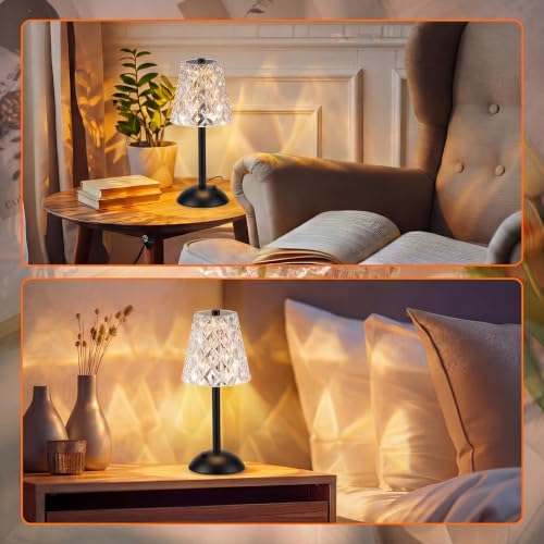 Image of Liliful 2 Pcs Cordless Table Lamp Rechargeable Touch LED Small Gold Portable Battery Operated USB-c Desk Lamp 3 Color Dimmable for Bedroom Living Room Dining (Black,Diamond Style)