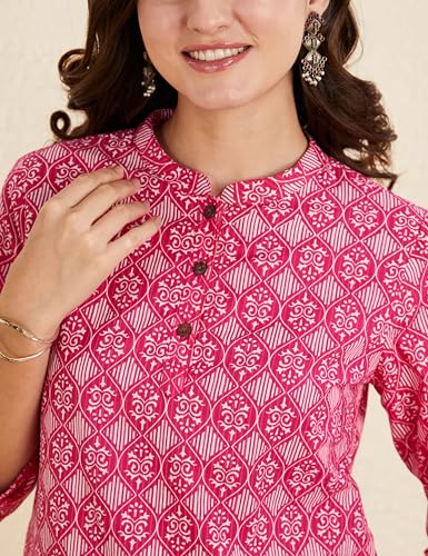 Image of Amazon Brand - Myx Women's Screen Print Straight Printed Regular Cotton Short Kurti (Available in Plus Sizes)