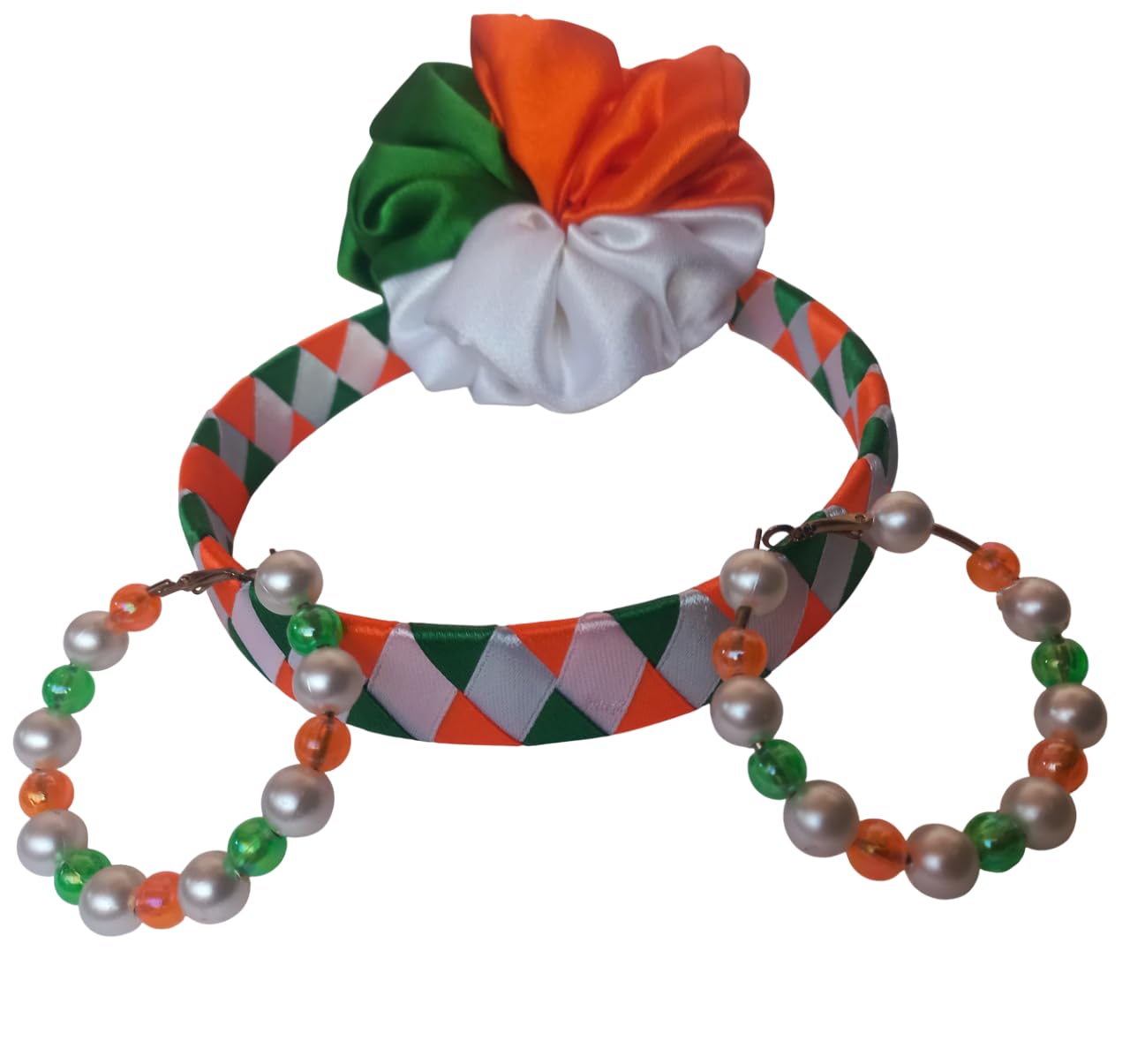 Tricolor Hair Accessories Set, Pearl Beaded Ear-Ring with Satin Ribbon Headband, Orange-White-Green-image-44