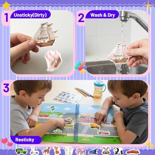 Jelly Sticker Books for Toddlers 2-4 Years-3 Set Waterproof-Reusable Sticker Book for Toddlers 1-3, Stickers Activity Books, Travel Toys for Kids 2 3 4 5 6 Boy Girl Birthday Gift (Animal+Farm+Vehicle) — view 5