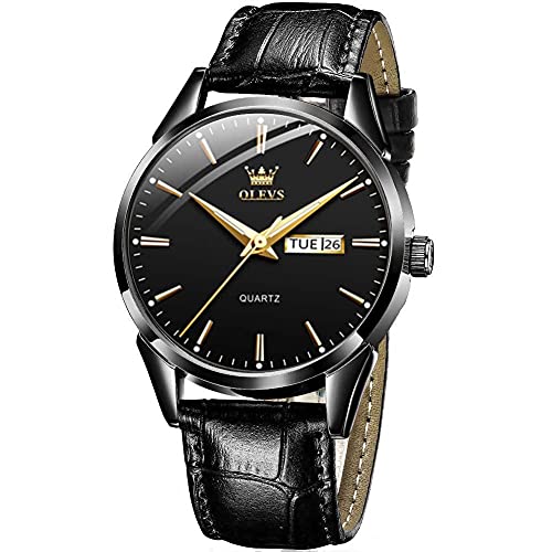 QBAIZI Men's Watches Leather Band Black Face Dress Watch for Men with Day and Date Small Wrist Fashion Formal All Black Mens Wrist Watch Waterproof, Relojes De Hombres