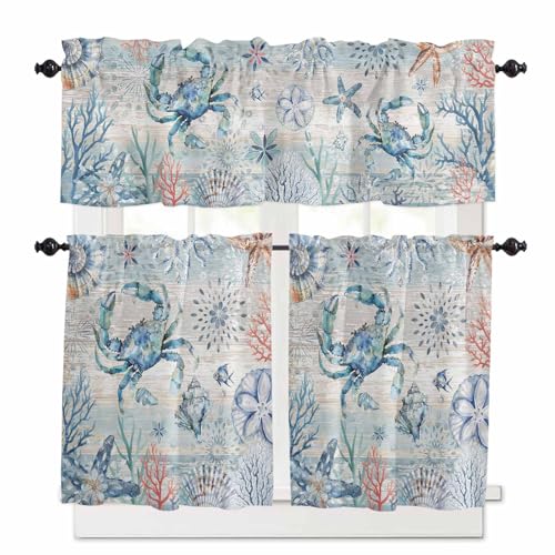 Coastal Crab Kitchen Curtains 36 Inch Length,3 Piece Rod Pocket Small Half Tiers and Valance Set,Nautical Beach Ocean Conch Coral Starfish Small Large Window Treatment Decor for Bedroom/Bathroom Sink