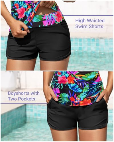 Image of Women Tankini Swimsuit with Shorts Two Piece Tummy Control Bathing Suit | Pockets,Tummy Control,Removable Bra Pads,Quick Dry,Adjustable Shoulder Straps