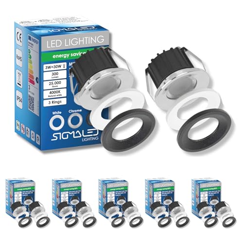 Sigmaled Lighting, 10 Mini Faretti a LED da Incasso 3W Dimmerabili per Esterno Interno IP54, LED SPOT Incasso Luce Naturale 4000K, 300 lm, Faretto 220V 230V, 3 Ghiere Bianca Cromata Nera (5 pack da 2)
