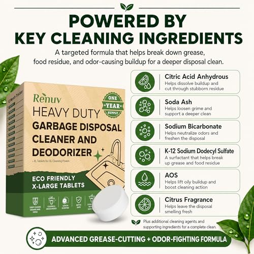Image of Renuv Garbage Disposal Cleaner & Deodorizer Tablets, 12 XL Tablets | Foaming Citrus Scent, Drain Freshener, Kitchen Sink Odor Refresher For Garbage Disposer Cleaning