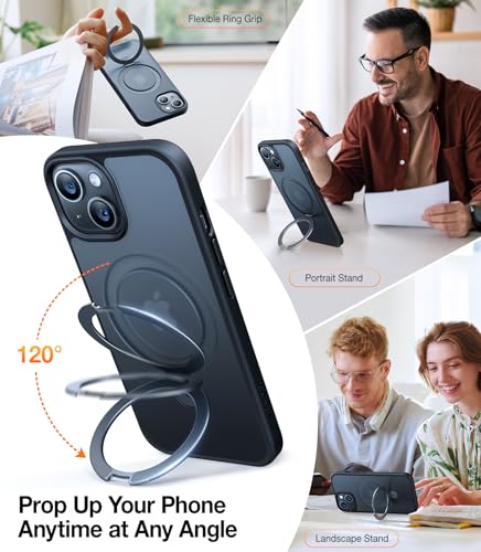 Image of TORRAS Ostand for iPhone 15 /14 / 13 Case Magnetic Stand, Frosted Black 6.1 inch | [Fit for MagSafe][Flexible Stable Stand] 4X Military-Grade Shockproof, Slim Protective Phone Cover, Translucent Black