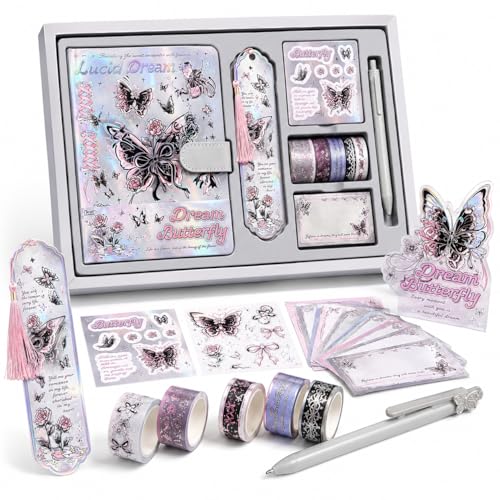 Image of PLUSPOINT Butterfly Aesthetic Scrapbook Kit for Girls - A5 Lock Diary with Stickers, Washi Tape, Memo Pads & Pen, Kawaii Journal Stationery Gift Set for DIY Scrapbooking