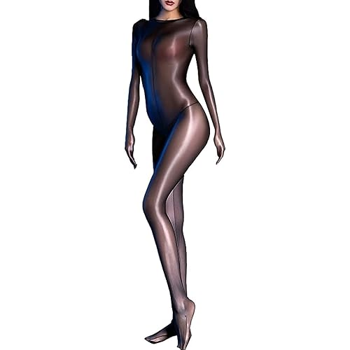 RUIBAVYA Women's Body Stockings Full Body Hooded Nylon Bodystocking Oil Shiny Bodystocking - Black
