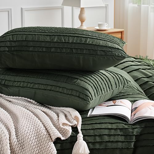 Image of NEXHOME PRO Duvet Cover Queen,3 Pieces Boho Tufted Duvet Cover Set, Soft and Lightweight 100% Washed Microfiber Comforter Cover Set for All Season(Olive Green,90 x 90)-No Comforter
