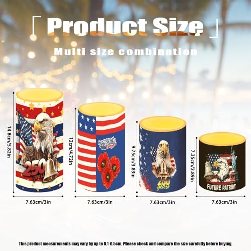 Image of 4 Pieces Flickering Flameless Candles American Flag Theme 250 Years Celebration of July 4th Independence Day LED Candles Battery Operated Color Changing Timer Remote Pillar Candles