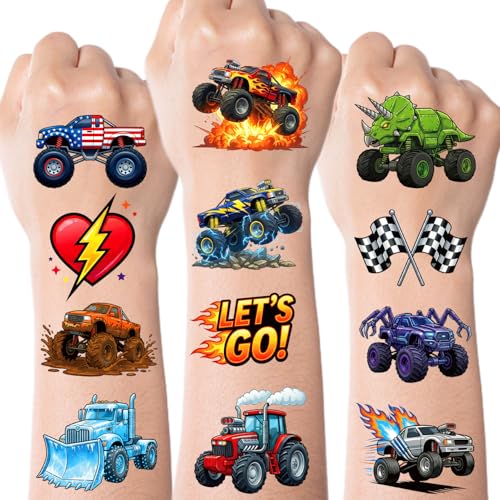 JCFIRE Monster Truck Temporary Tattoos for Kids Boys Age 4-7 Pre-cut Perforated No Scissors Needed Diggers Construction Car Theme Birthday Party Favors Supplies Decorations Goodie Bag Stuffer