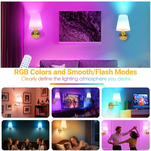 Image of Battery Operated Wall Sconce Set of Two with Remote and Dimmable LED Bulbs, 12 Colors Cordless Rechargeable Wall Lights with Timer, Gold Wireless Wall Lamps for Bedroom Living Room Hallway Entryway