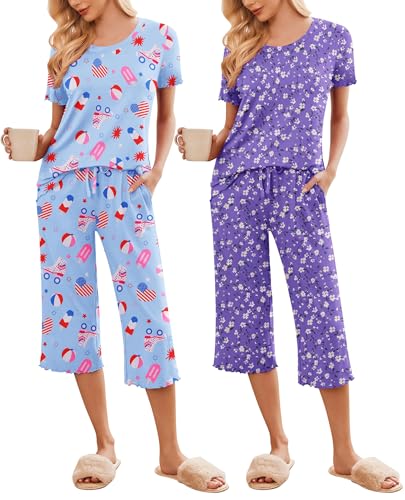 Image of Ekouaer 2 Pack: Women's Pajamas Set Short Sleeve Sleepwear Capri Pants Pjs Soft Loungewear with Pockets