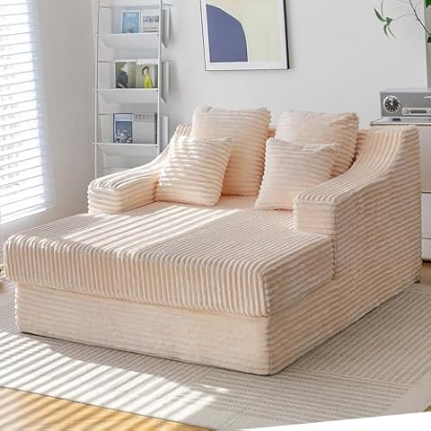 ROIYEIER 55 Inch Chaise Lounge Chair Indoor - Oversized Chaise Lounge Chair with 4 Throw Pillows & Armrests, Lounge Chair Indoor Sleeper Chair for Living Room or Bedroom,Beige Cover